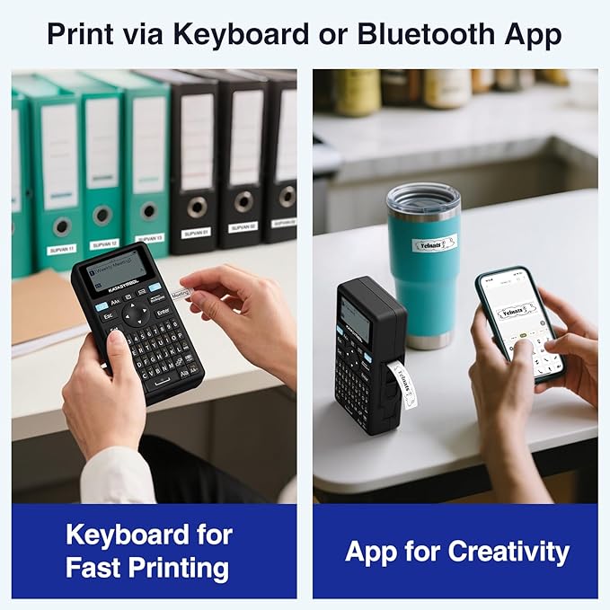 SUPVAN E11 Bluetooth Label Maker Machine with Tape, Support Keyboard & App with 40 Fonts and 450+ Icons, Rechargeable Inkless Labeler for Home, Kitchen, Office, School, Organization, Black