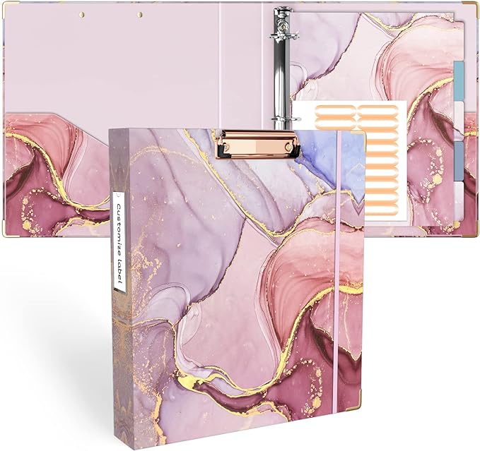 Ospelelf 3 Ring Binder 1.5 Inch, Pink Clipboard Organizer for Letter Size Documents (11" x 8.5") with 5 Tab Dividers, File Folder Labels, Paper Marble Binders for School and Office Supplies