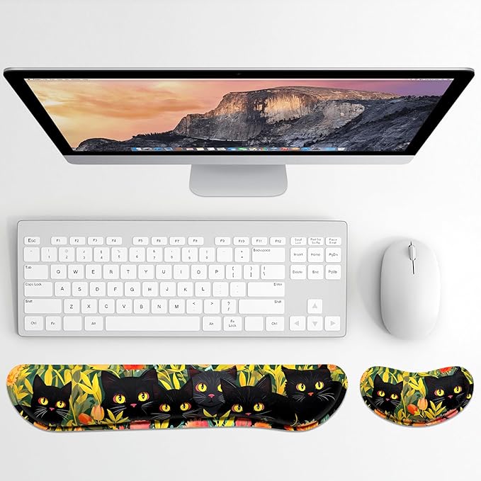 Dapesuom Enlarge Keyboard Wrist Rest, Memory Foam Wrist Cushion for Desk Mats Support, Cute Typing Pain Relief Keyboard Mouse Pad Rests Set with Non-Slip Base for Gaming Laptop Computer, Black Cats