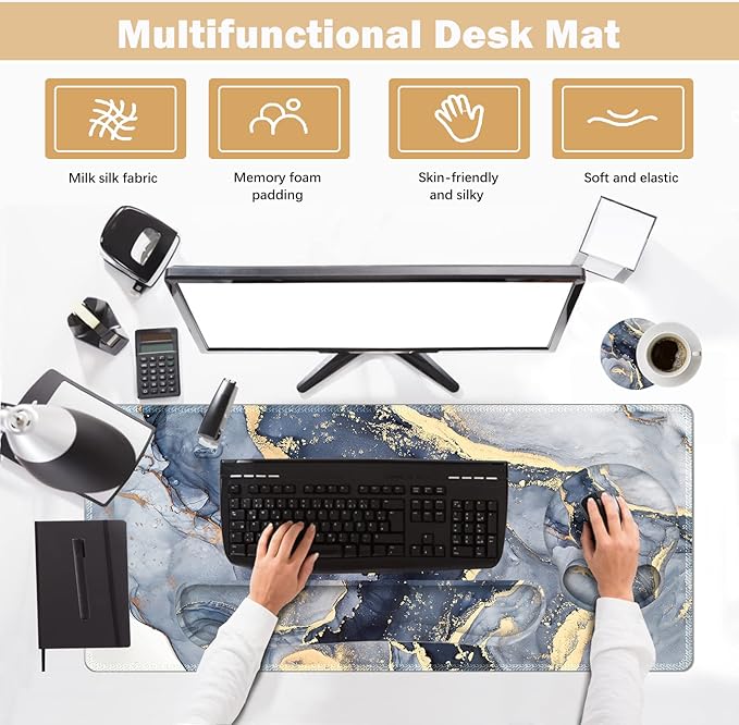 ARTSO Large Mouse Pad Ergonomic Keyboard Wrist Rest Support Combo, Memory Foam Gel Extended Desk Mat Protector, Non-Slip Desk Blotter, Dark Blue Marble