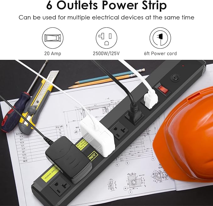 JUNNUJ Heavy Duty Metal Power Strip 20 Amp, High Amp Surge Protector 6 Outlet, 20A Power Strips Workshop Industrial Outlets Wide Spaced 6-20R T-Slot with Circuit Breaker, 12 Gauge Extension Cord 15ft