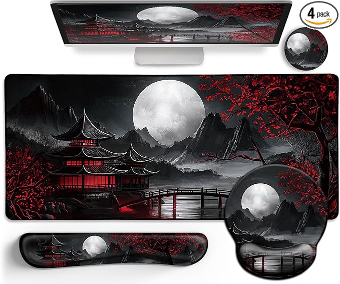 Japanese Mouse Pad Large Desk Mat Set, XXL Anime Full Moon Ergonomic Mousepad with Wrist Rest, Wrist Support Gaming Keyboard Mat Cup Coaster Set, Japanese Style Office Desk Accessories