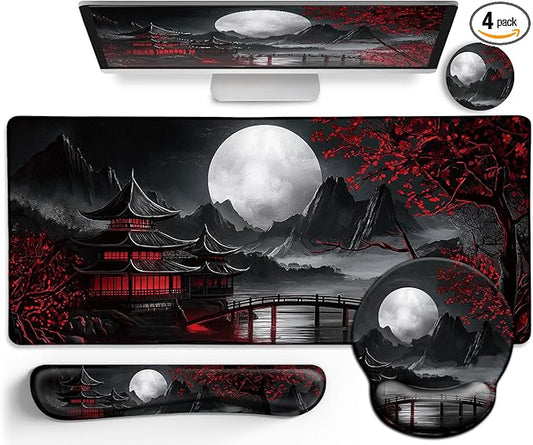 Japanese Mouse Pad Large Desk Mat Set, XXL Anime Full Moon Ergonomic Mousepad with Wrist Rest, Wrist Support Gaming Keyboard Mat Cup Coaster Set, Japanese Style Office Desk Accessories