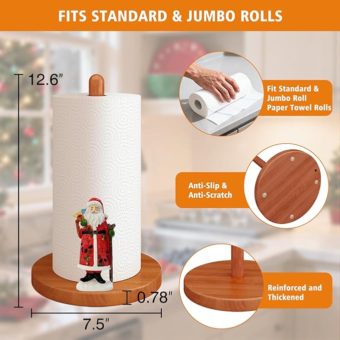 GAJ Christmas Decorations Paper Towel Holder Countertop, 3D Santa Claus Kitchen Counter Decor, Cute Resin Wooden Stand for Bathroom & Home Indoor Table, Winter Xmas Gift for Women, Housewarming Gifts