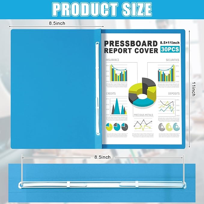 30 Pcs 8.5'' x 11'' Pressboard Report Cover, 3'' Capacity Metal Prong Fastener with Compressor, Letter Size, Presentation Folder to Neatly Bind Report, Proposal Document (Blue)