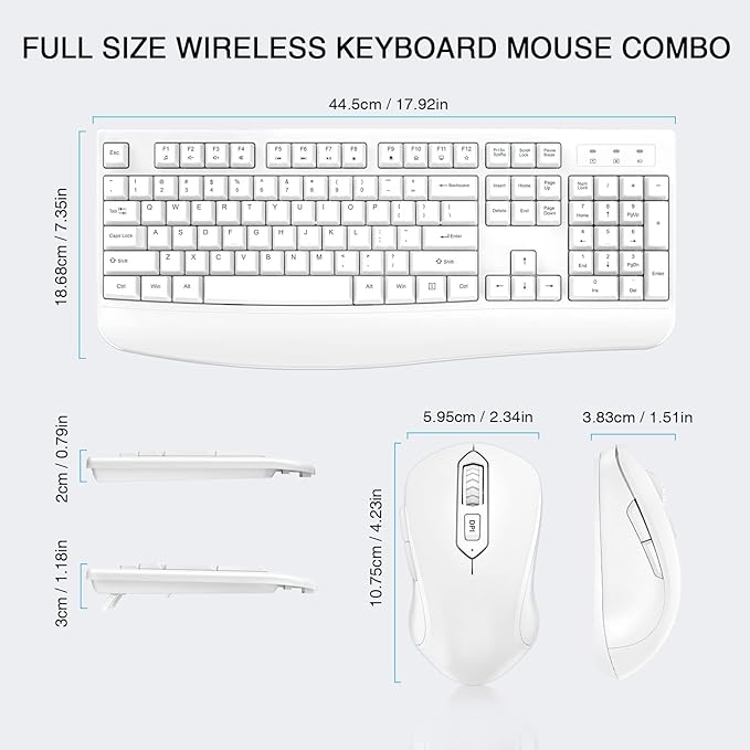 Wireless Keyboard and Mouse Combo, Full-Sized 2.4GHz Wireless Keyboard with Comfortable Palm Rest and Optical Mouse for Windows, Mac OS PC/Desktops/Computer/Laptops (White)