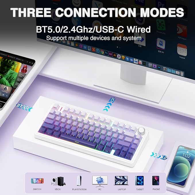 AULA F75 Pro Wireless Mechanical Keyboard,75% Hot Swappable Custom Keyboard,RGB Backlit,Pre-lubed Linear Switches,Side Printed PBT Keycaps Mechanical Gaming Keyboards,Gradient Purple