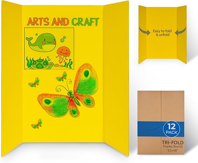 EPI Tri Fold Cardboard Display Board. Large 32 x 48in Yellow Trifold Poster 12 Pack. Professional Presentation Boards with Rounded Corners for Science Fair Project, School and Business Presentations