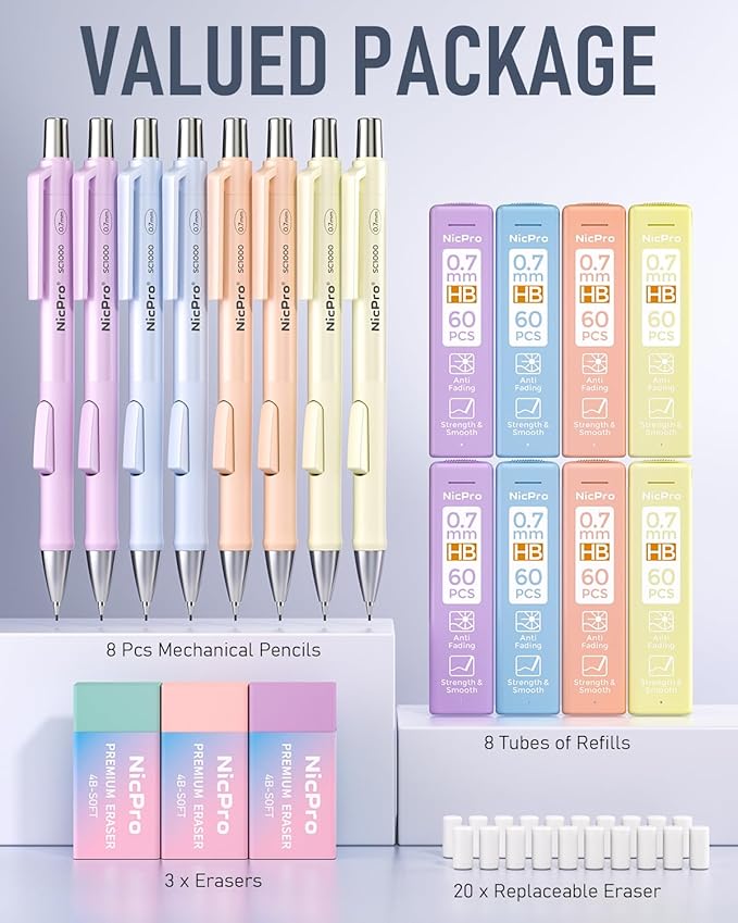 Nicpro 8 Pack Pastel Mechanical Pencil 0.7mm, Cute Fast Click Mechanical Pencils Set with 480PCS HB Lead Refills, 3 Erasers with Case, Aesthetic School Supplies for Writing Drawing Sketching