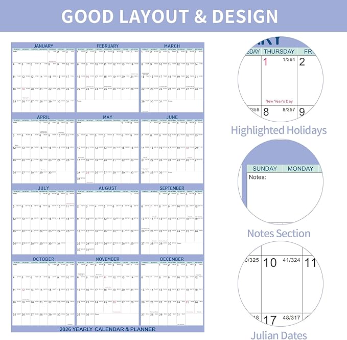 2026 Wall Calendar 24" x 36" Dry Erase Calendar for Wall from January 2026 to December 2026 12 Month Annual Large Yearly Wall Planner for Office School(Light Purple)