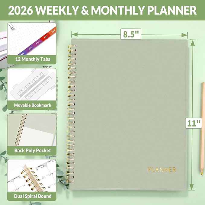 SUNEE 2026 Weekly and Monthly Planner - from January 2026 - December 2026, 8.5"x11" Daily Agenda Planner with Monthly Tab, Flexible Cover, Note Pages, Pockets, Bookmark, Spiral Binding, Sage Green