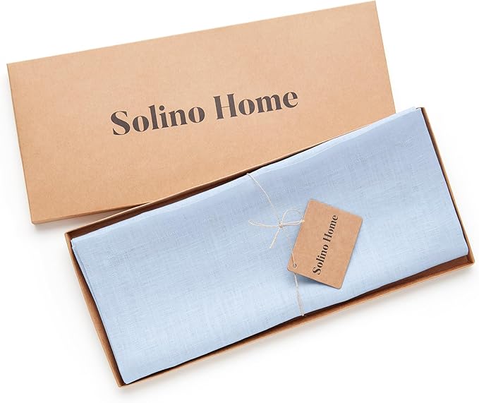 Solino Home Linen Sky Blue Table Runner 48 Inches - 100% Pure Linen Short Table Runner 14 x 48 Inch Ideal for Dresser and Coffee Tables - Fete - Christmas, Holiday