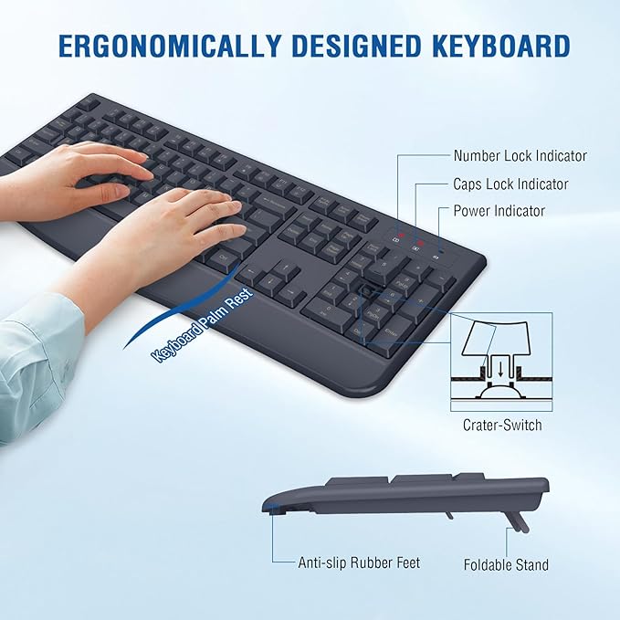 Wireless Keyboard and Mouse Combo, Full-Sized 2.4GHz Comfortable Palm Rest and Optical Wireless Mouse for Windows, Mac OS PC/Desktops/Computer/Laptops(Navy Blue)