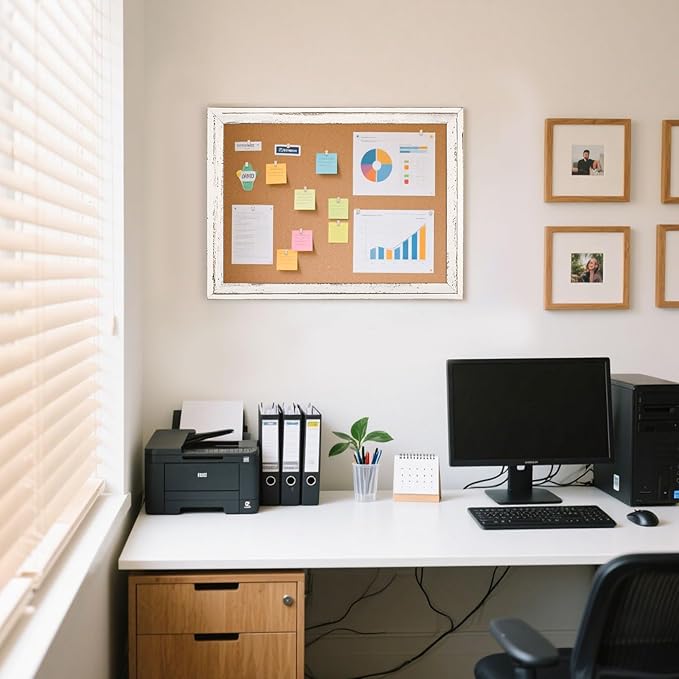White Cork Board Bulletin Board, 24" x 18" Wooden Framed Corkboard for Office, Decorative Hanging Pin Board Vision Board for Office Home School Decor