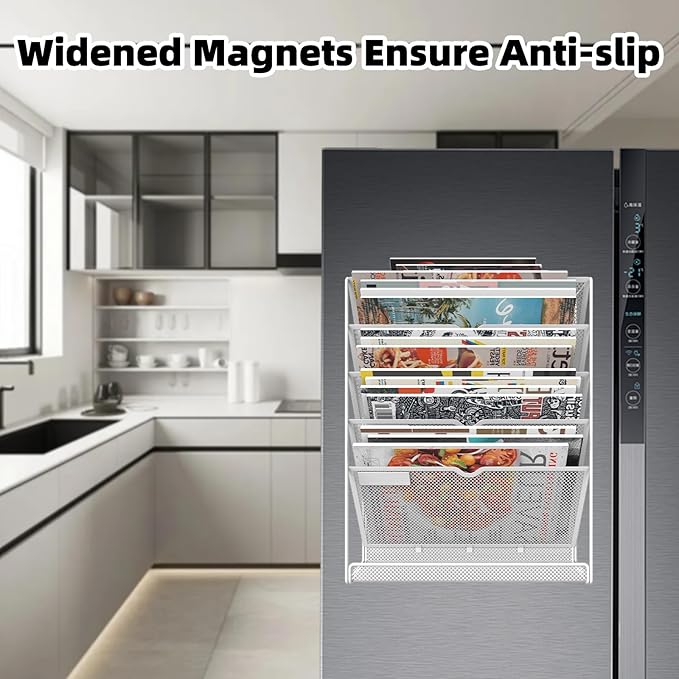 6 Tier Magnetic File Holder, No Drilling Installation File Cabinet Organizer,Black Magnetic File Holders, Magnetic Paper Holder for Refrigerator,File Cabinets, Whiteboard, White
