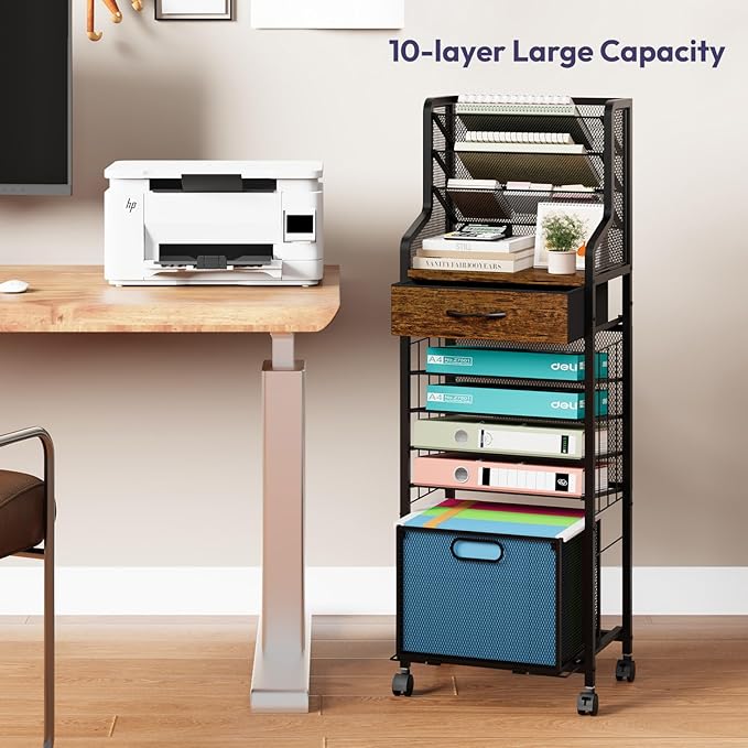 SWTYMIKI 10-Tier Rolling File Cart - Mesh Paper Organizer with Drawer and Hanging File Folders on Lockable Wheels, Wood Teacher Cart for Office Organization, Storage in Home, Studio, School, Espresso