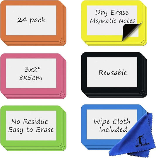 Dry Erase Magnets Set - 24 Pack - 3x2 in Whiteboard Magnetic Notes Planning Pads Labels - Small White Board Magnet Strips Name Tags for Home, Office and Classroom