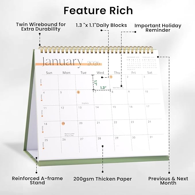 Desk Calendar 2025-2026,July 2025 to Dec 2026 18 Months Standing Flip Desk Calendar with Stickers,10" x 8" Desktop Calendar for Home Office School,Green