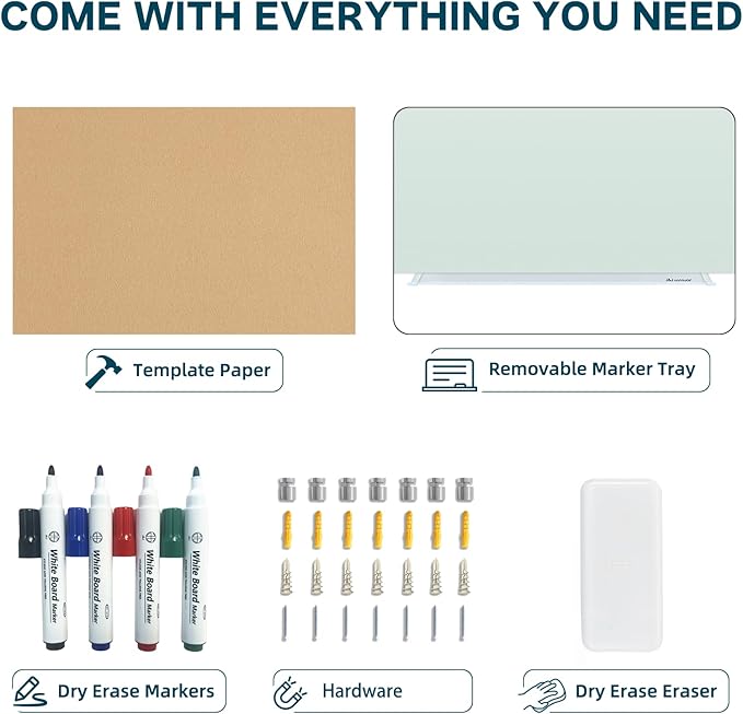 J&J worldwide Glass Whiteboard 6' x 3', Frosted Glass Dry Erase Board Non-Magnetic, Semi-Transparent, Includes Markers, Marker Tray, Eraser for Wall, Office, Home, School