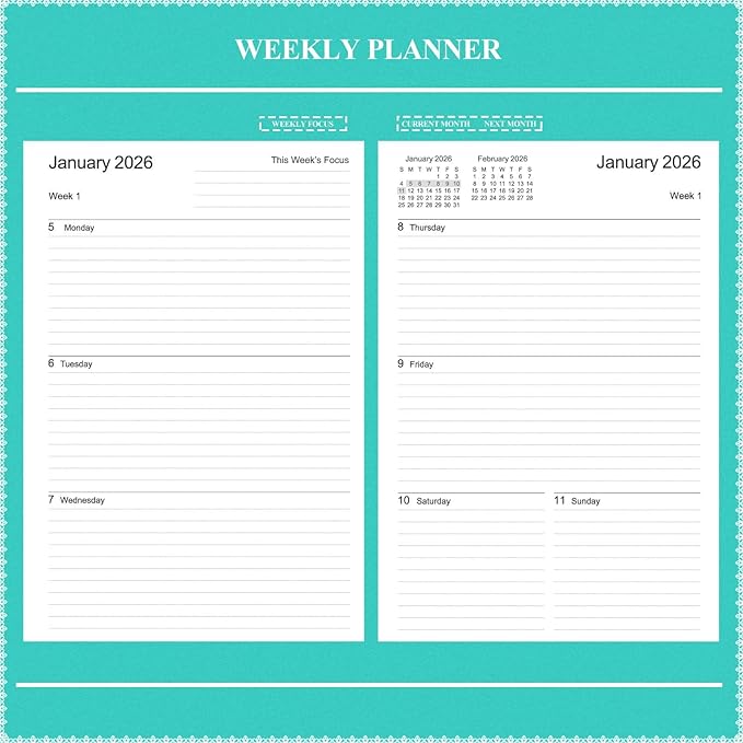 Tiankool Planner 2026-2027 - Jan 2026-Jun 2027 Weekly Monthly Planner with 18 Monthly Tabs, Elastic Closure, Inner Pocket, Round Corner,5.8" x 8.25"- Turquoise