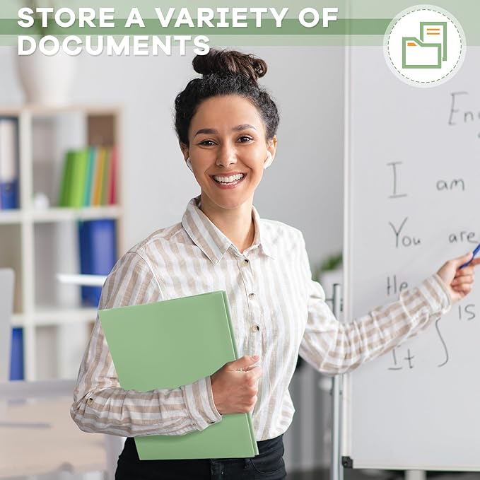 Henoyso 48 Pcs Plastic Folder with Clear Front Pocket and 3 Prongs Heavy Duty Plastic Folders with Card Slot Pocket Folders with Prongs for School Office Home(Sage Green)