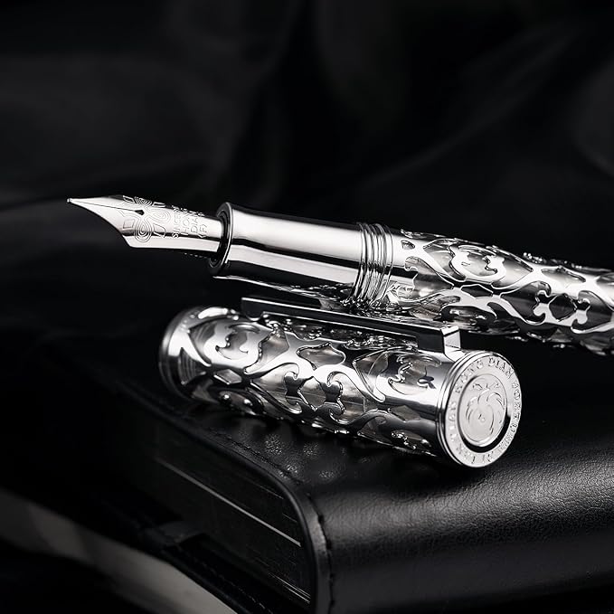 Hongdian D1 Piston Fountain Pen Fine Nib, Hollow Skeleton & Resin with Metal Case Set (Silver)