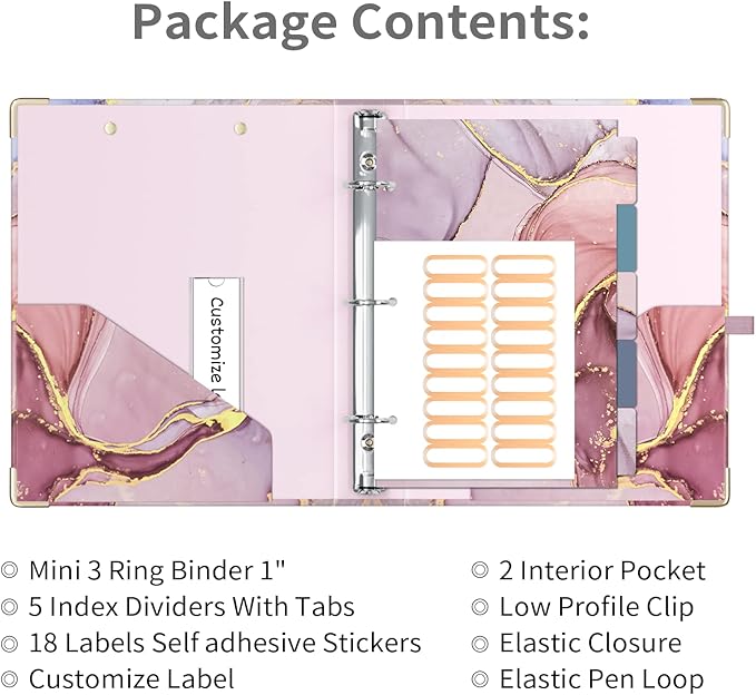 Ospelelf Mini 3 Ring Binder 1 Inch, Cute Pink Marble for 5.5" x 8.5" With 5 Tab Dividers, File Folder Labels and Low Profile Clipboards for School and Office Supplies