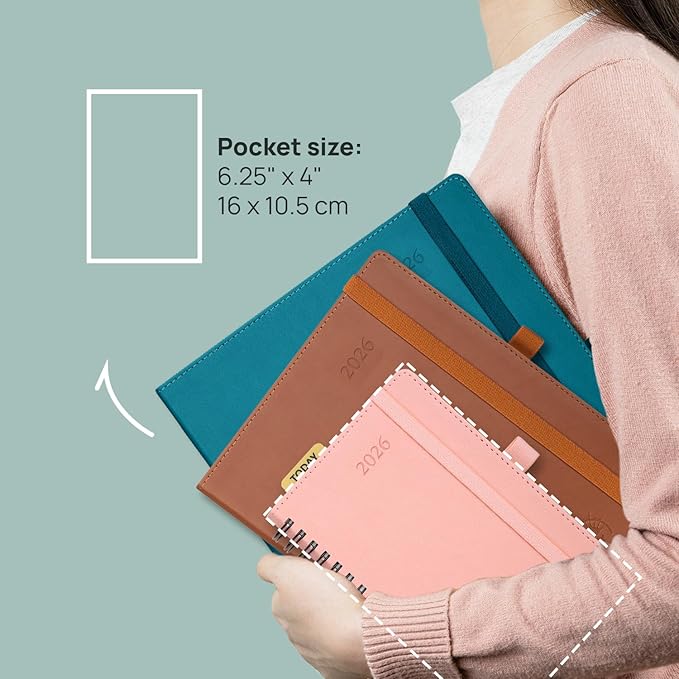 POPRUN Monthly Planner 2025-2026 Pocket Size (4" x 6.25") 18 Months Calendar (Jul 2025 - Dec 2026) - 4 Pages per Month with Monthly Expense & Notes, Sunday Start, Leather Cover - Grey