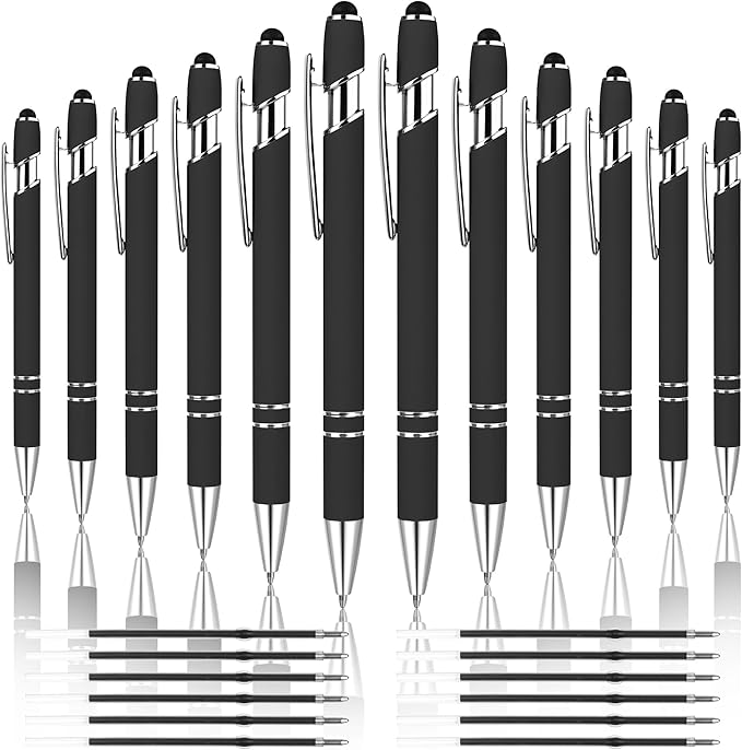 12 PCS 2 in 1 Stylus Ballpoint Pen with Stylus Tip, 1.0 mm Black Ink Metal Pen Stylus Pen for Touch Screens (Silver & Black)