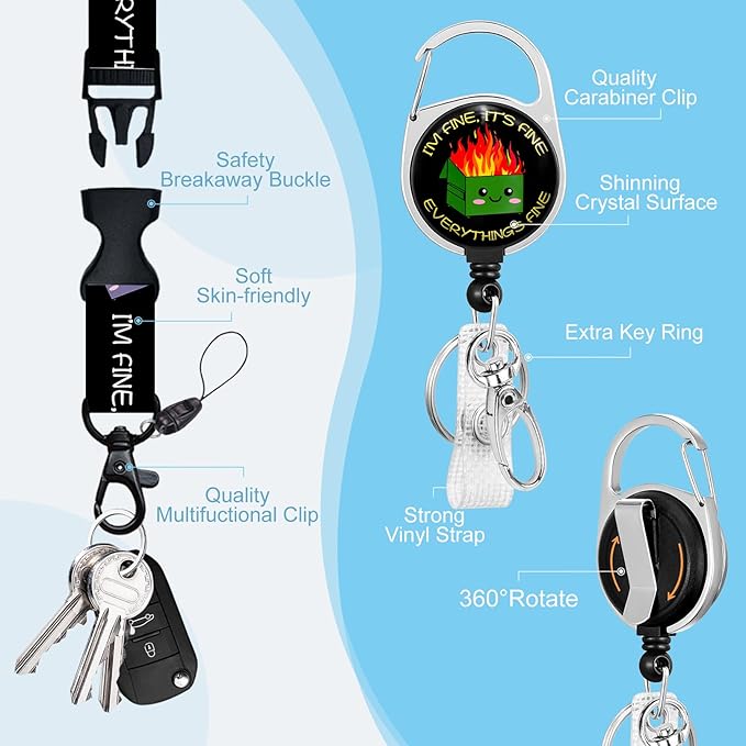 Dumpster on Fire Badge Reels Retractable Heavy Duty, Funny ID Badge Holder with Detachable Lanyard, 360° Swivel Carabiner Belt Clip, I'm Fine It`s Fine Everything is Fine