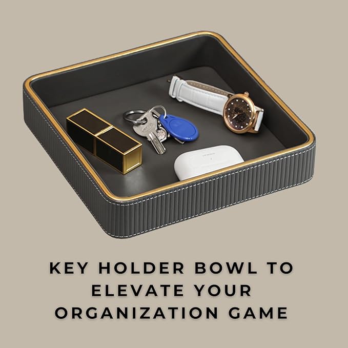 Key Bowl for Entryway Table| Leather Catch All Bowl| Key Dish Bowl for Entryway Table| Key Basket EDC Tray| Key and Wallet Holder Key Holder Bowl| Bowl for Keys Entryway Table -Gray