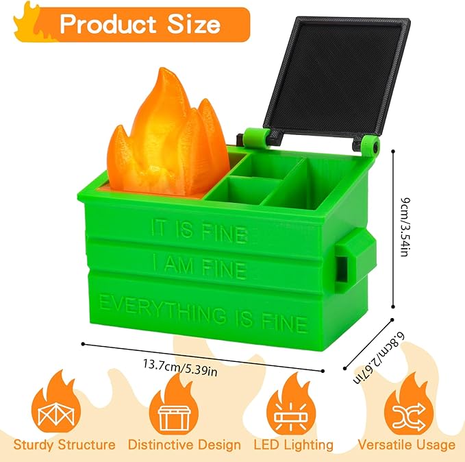 Dumpster Pencil Holder with Flame Light and Charging Port Dumpster Pen Holder Desk Accessories for Office Christmas Decor (Green, 1P)