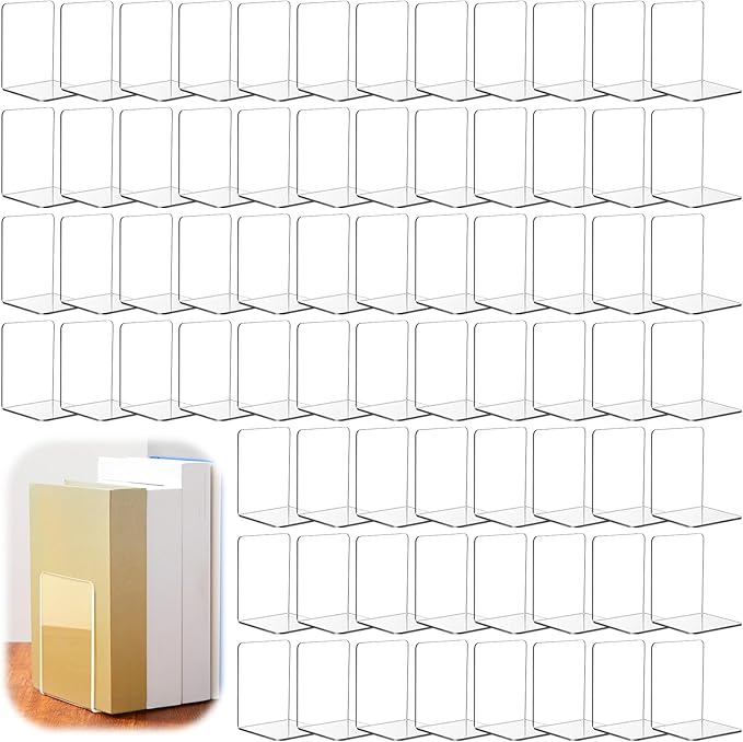 Maitys 75 Pcs Plastic Book Ends Bulk Clear Acrylic Bookends for Shelves Decorative Book Organizer Heavy Duty Holder Office Stoppers Bookshelf Desktop Decor for Movies, CDs, Video Games
