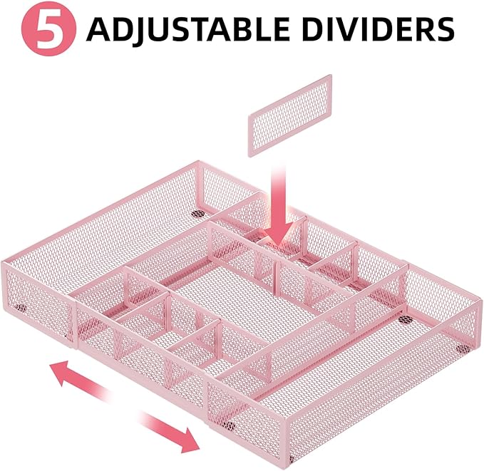 Marbrasse Expandable Desk Drawer Organizer, Mesh Tray with 10 Adjustable Compartments, Desk Organizers for Office Supplies, Makeup & Vanity (Expandable-Pink)