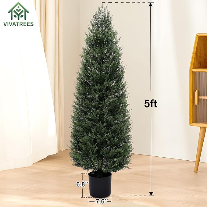 2Pack 5ft Outdoor Artificial Cedar Topiary Trees, All-Weather Faux Pine for Home Porch Entryway Decor