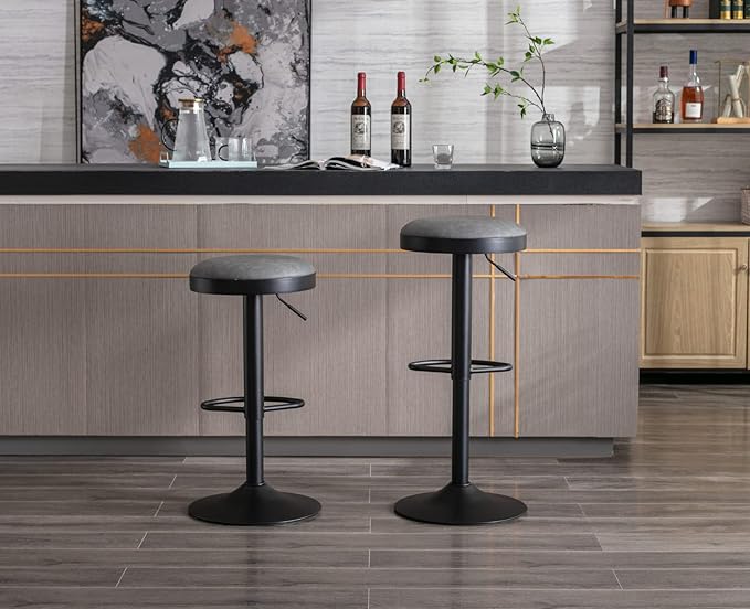 Round Swivel Counter Height Bar Stools Set of 4 Modern Adjustable Barstools Backless PU Leather Bar Chairs Industrial Island Chairs with Metal Base/Footrest for Kitchen Island/Pub/Bar, Grey