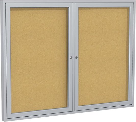 Ghent 48" x 60" 2-Door indoor Enclosed Bulletin Board , Shatter Resistant, with Lock, Satin Aluminum Frame - Natural Cork (PA245K) Made in the USA