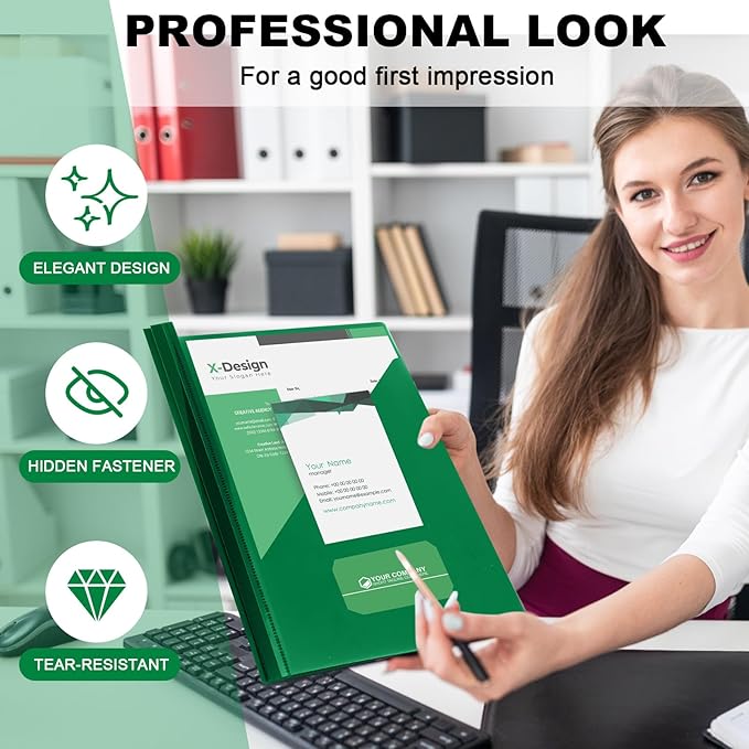 Teling 24 Pcs Clear Report Cover with 3 Prongs, Plastic Report Presentation Folders 90 Sheet Capacity Resume Document Covers for School Office(Green)