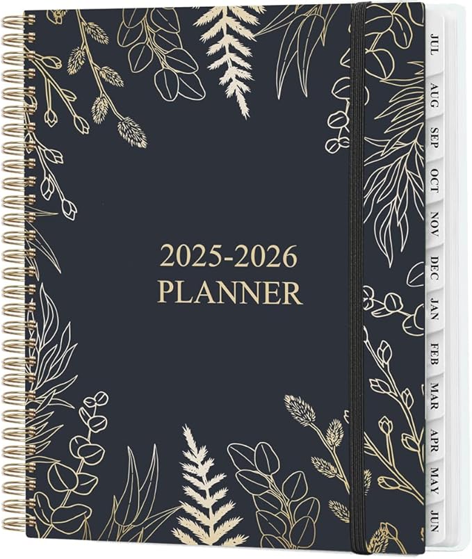Planner 2025-2026 - Weekly & Monthly Planner from July 2025 to June 2026, Agenda 2025 2026 with Inner Pocket, Elastic Band, 8.5" x 11", White Gold Leaf