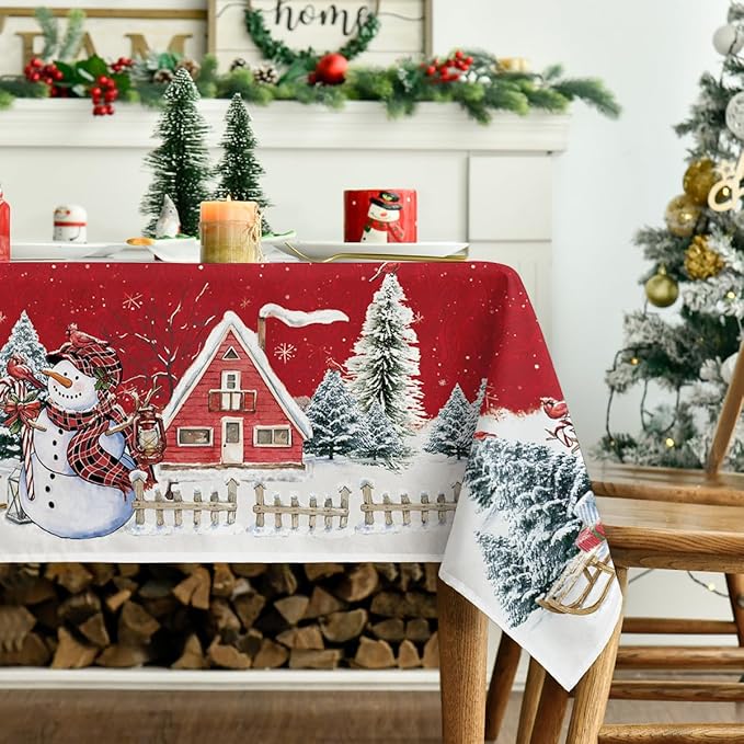Horaldaily Christmas Tablecloth 60×120 Inch, Winter Snowman House Christmas Trees Red Washable Table Cover for Party Picnic Dinner Decor