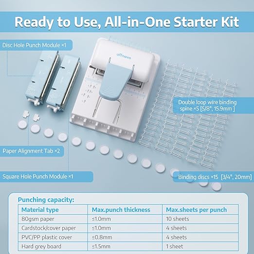 OFFNOVA 2-in-1 Mini Binding Machine, Square & Disc Hole Book Binder, Compact DIY Punch and Bind Kit for A4/A5/US Letter, Includes Coils and Discs for Journals, Planners, Notebooks, Calendars