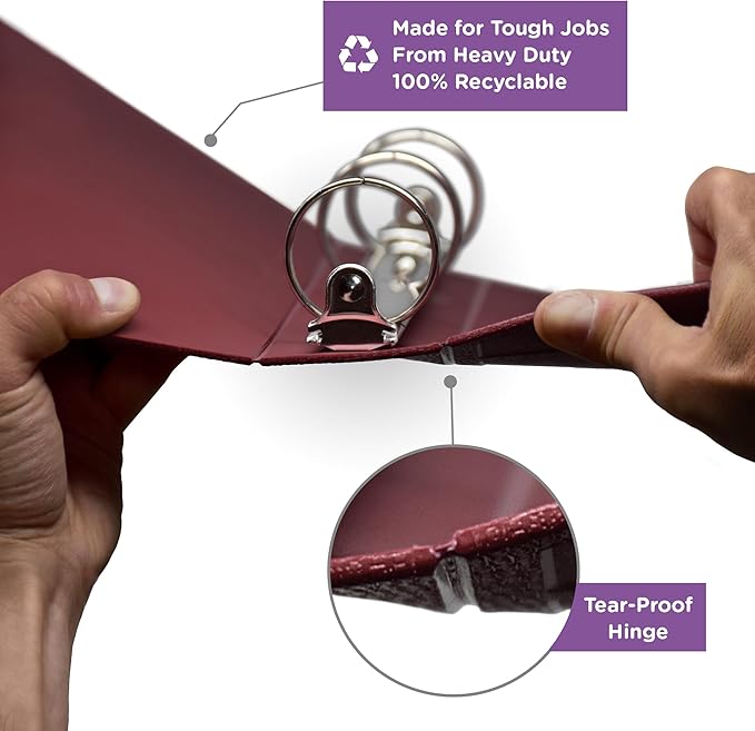 Carstens 4-Inch Heavy Duty 3-Ring Binder - Side Opening, Wine, Durable Plastic, Precision No-Gap Rings, Waterproof Cover, No Pockets, Holds 600 US Letter Sheets, BPA-Free, Made in USA (1843-3R)