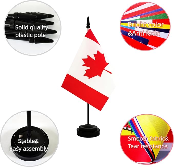 2 Pack Canada Desk Flag, Canadian Table Office Flag with Solid Pole and Stand Base, International Country Flag, Festival Celebration, Classroom Meeting Desktop Decoration (Canada)
