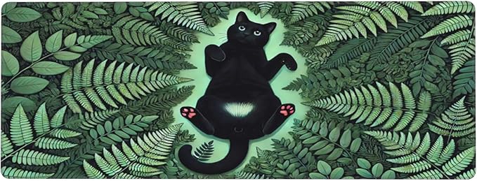 Green Plant Cat Desk Mat Large Gaming Mouse Pad Green Plant Cat Extended Mousepad Big in Laptop Computer Mouse Keyboard Mat for Office Desk Decor 31.5x12 in