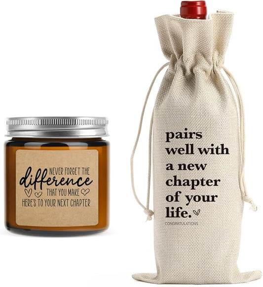 New Chapter Wine Bag Scented Candles Set Thank You Gifts Never Forget The Difference That You Make Farewell Going Away Goodbye Appreciation Retirement Gifts for Women Men Coworker Boss Friend