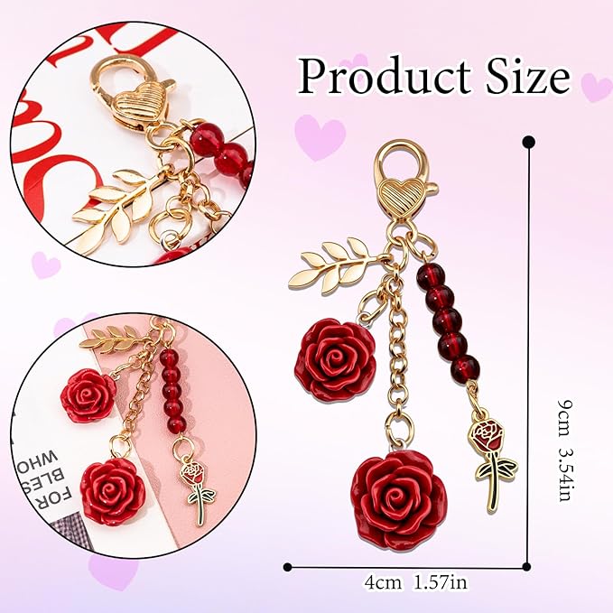 Rose Purse Charms Cute Flower Keychain With Heart Sticker Charm Chain For Kindle Colorful Bag Charms For Handbags