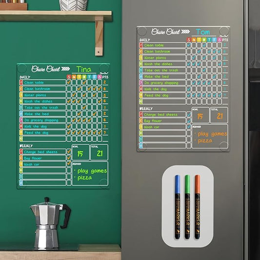 Clear Non-Magnetic Dry Erase Chore Chart - 11.5"x8.5" Behavior Responsibility Chore Board for Kids, Teenagers and Adults - Sticks to Wall, Glass, Door, Any Smooth Surfaces