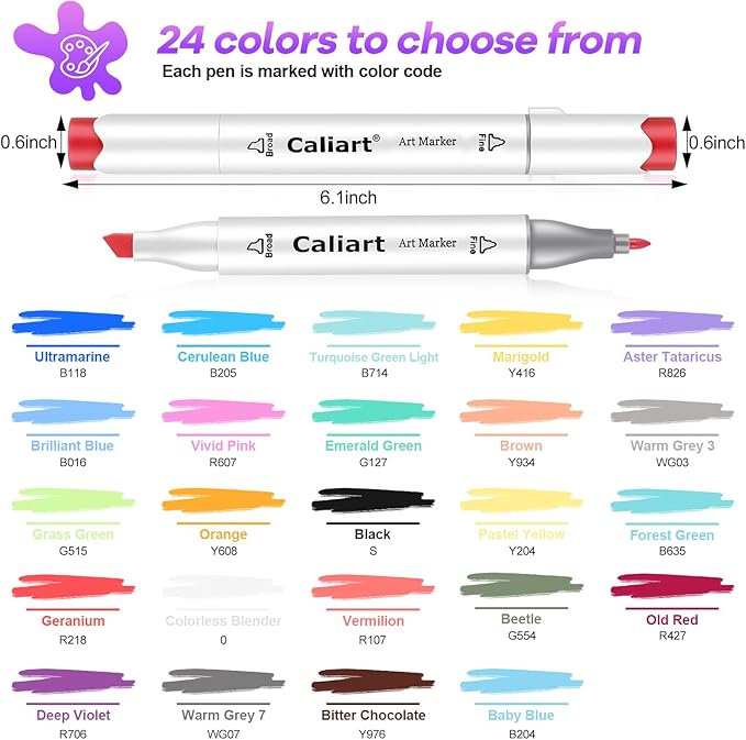 Caliart 24 Colors Fine & Chisel Permanent Alcohol Markers, Dual Tip Artist Sketch Art Markers Set for Adult Coloring Book, Aesthetic Cute School Supplies, Pens for Drawing Coloring Illustrations