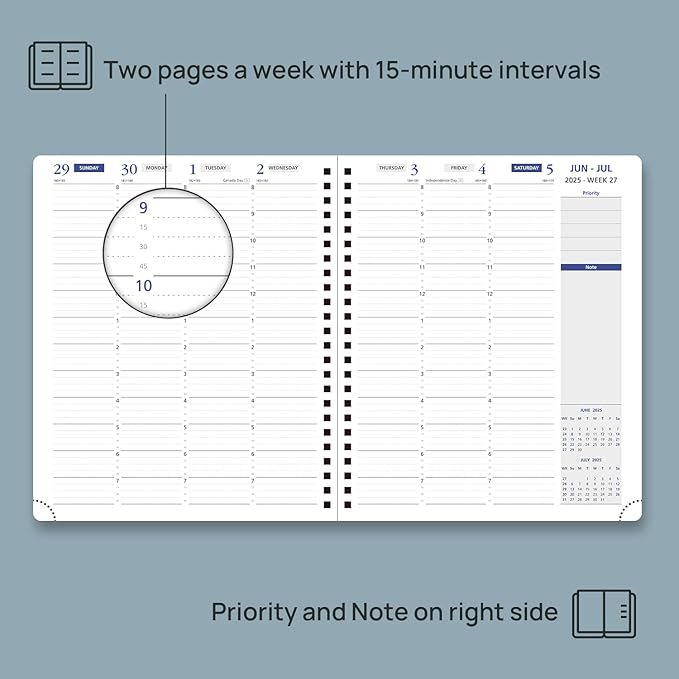 POPRUN 2025-2026 Weekly Planner 7.25'' x 8.25''Academic Spiral Appointment Book (July 2025-June 2026) with Quarter-Hourly Schedule, Monthly Tabs, Leather Softcover, Inner Pocket - Pacific Green