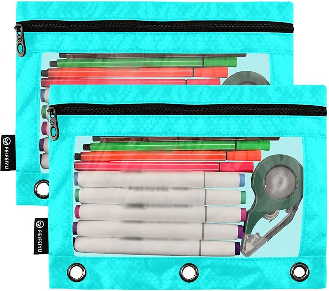 Gredecor Binder Pencil Pouch 3 Ring Cyan Zipper Pencil Pouches Case 2 Pack Clear Binder Organizer for School Office
